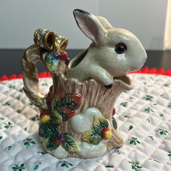 1996 Fitz and Floyd Christmas Holiday Rabbits Creamer Sugar Relish Dish - Picture 2 of 14
